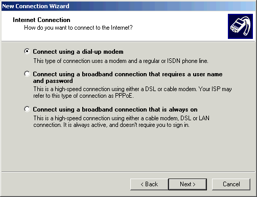 Select Connect using a dial-up modem - click Next